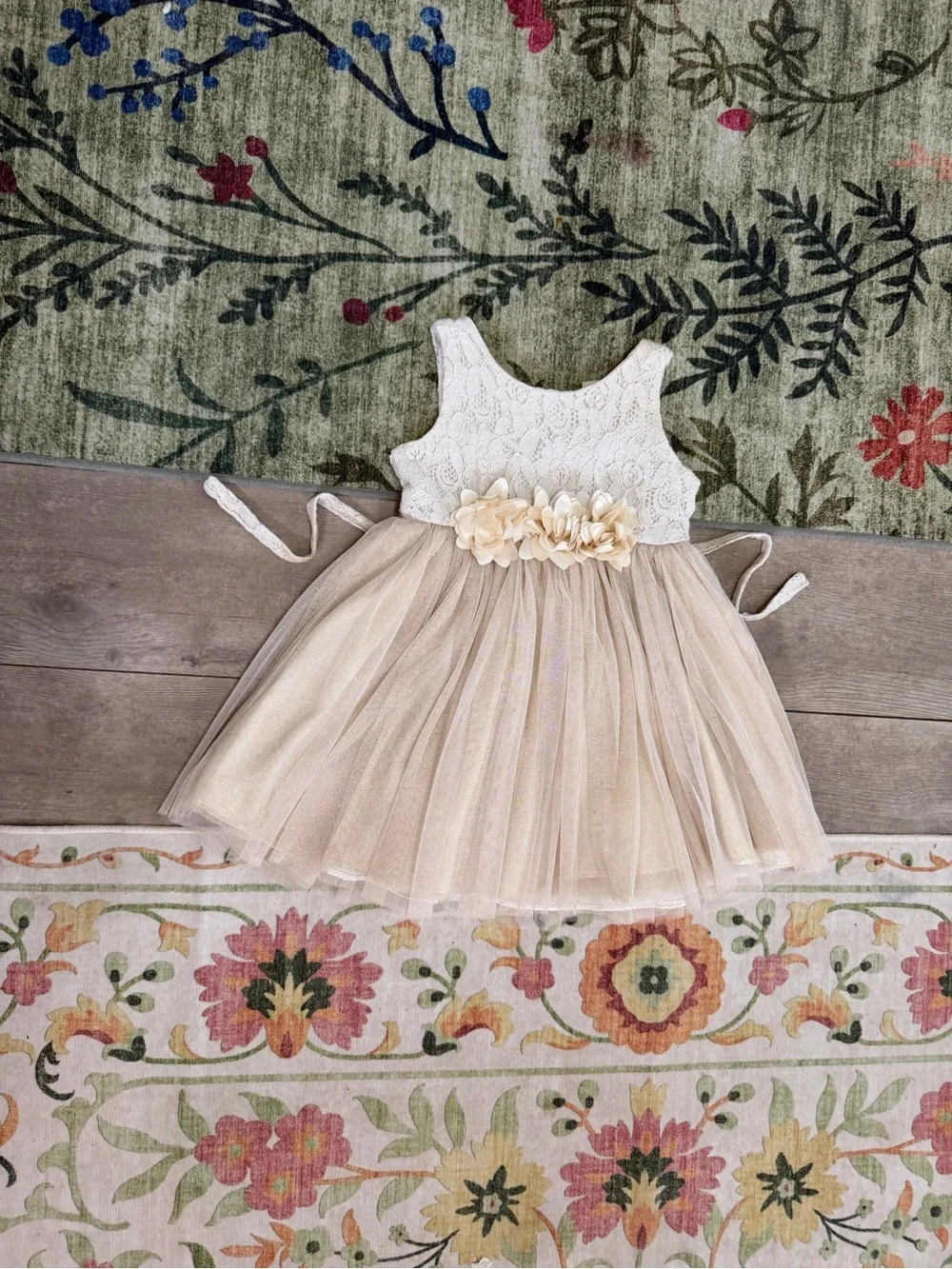Sweet Heart Rose Toddler Girl Lace and Beige Formal Dress 3T Tulle Flower Waist